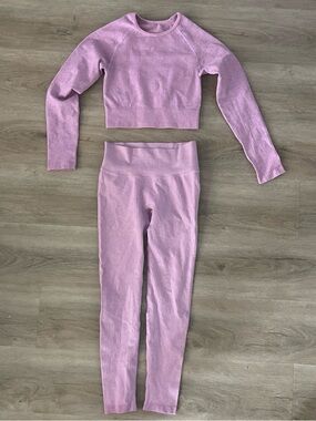 Amazon Pink Ribbed Long-Sleeve Crop Top and Leggings Set